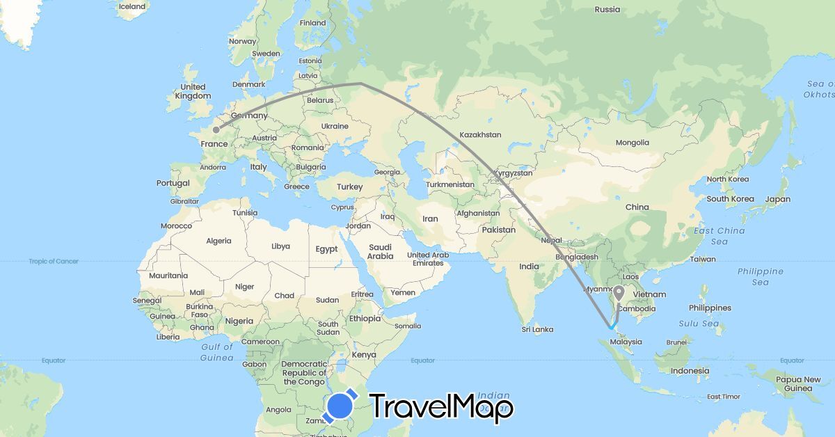 TravelMap itinerary: plane, boat in France, Russia, Thailand (Asia, Europe)